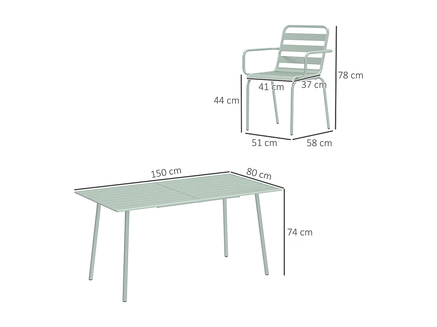Salon de jardin 6 places 7 pièces - table à manger 6 chaises empilables - acier thermolaqué verre d'eau