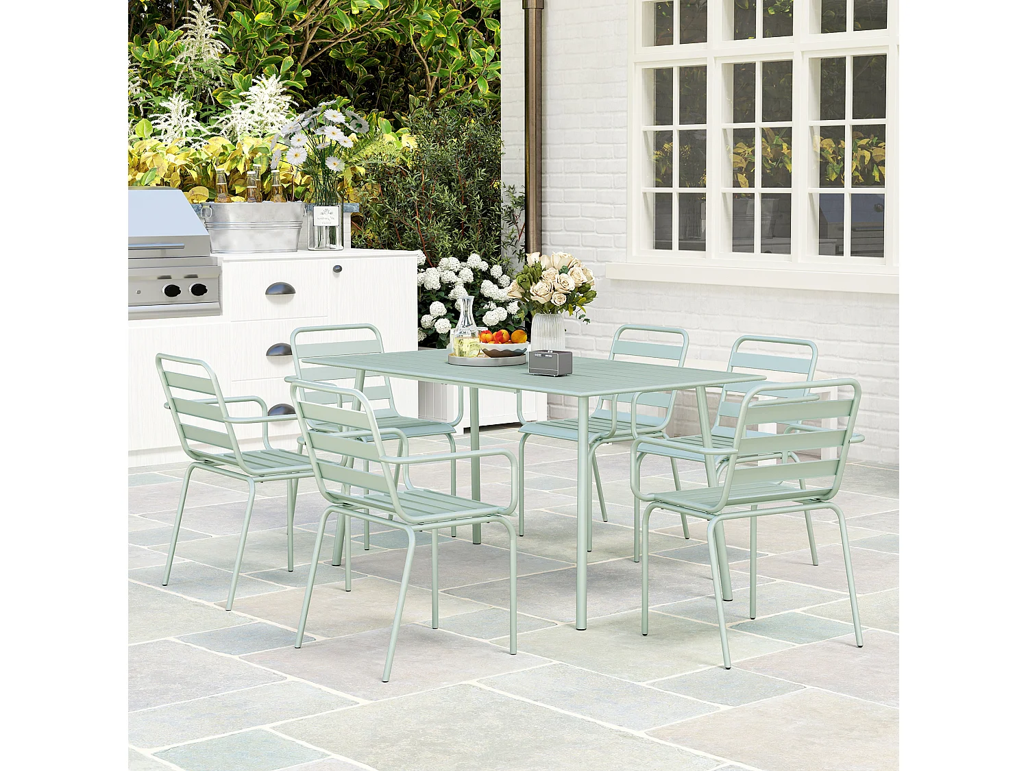 Salon de jardin 6 places 7 pièces - table à manger 6 chaises empilables - acier thermolaqué verre d'eau