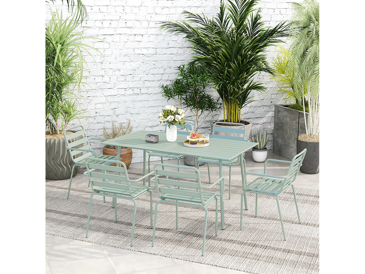 Salon de jardin 6 places 7 pièces - table à manger 6 chaises empilables - acier thermolaqué verre d'eau