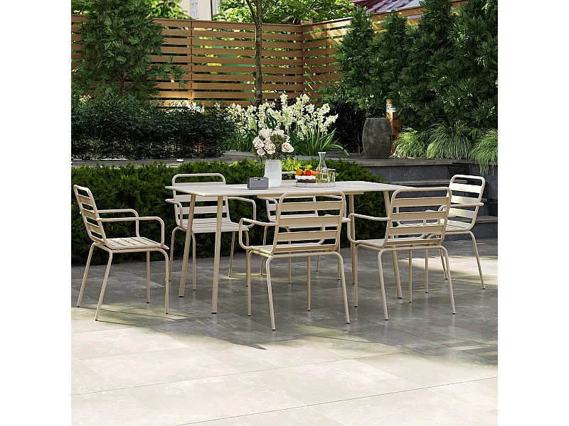 Salon de jardin 6 places 7 pièces - table à manger 6 chaises empilables - acier thermolaqué beige