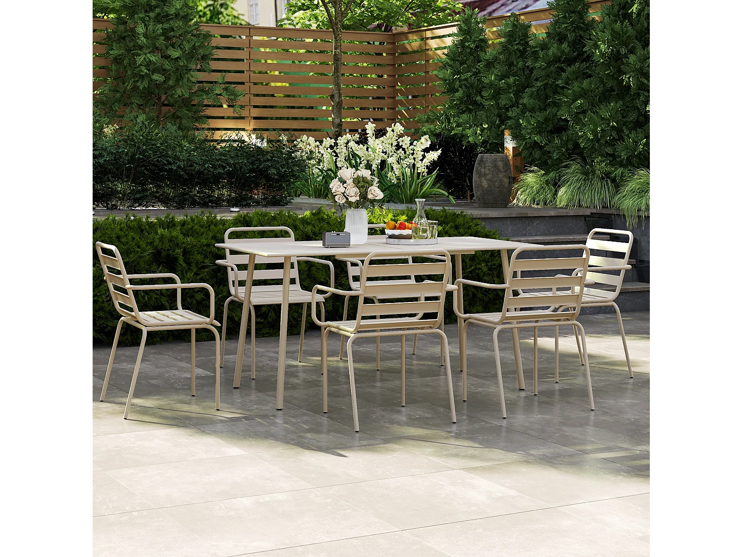 Salon de jardin 6 places 7 pièces - table à manger 6 chaises empilables - acier thermolaqué beige