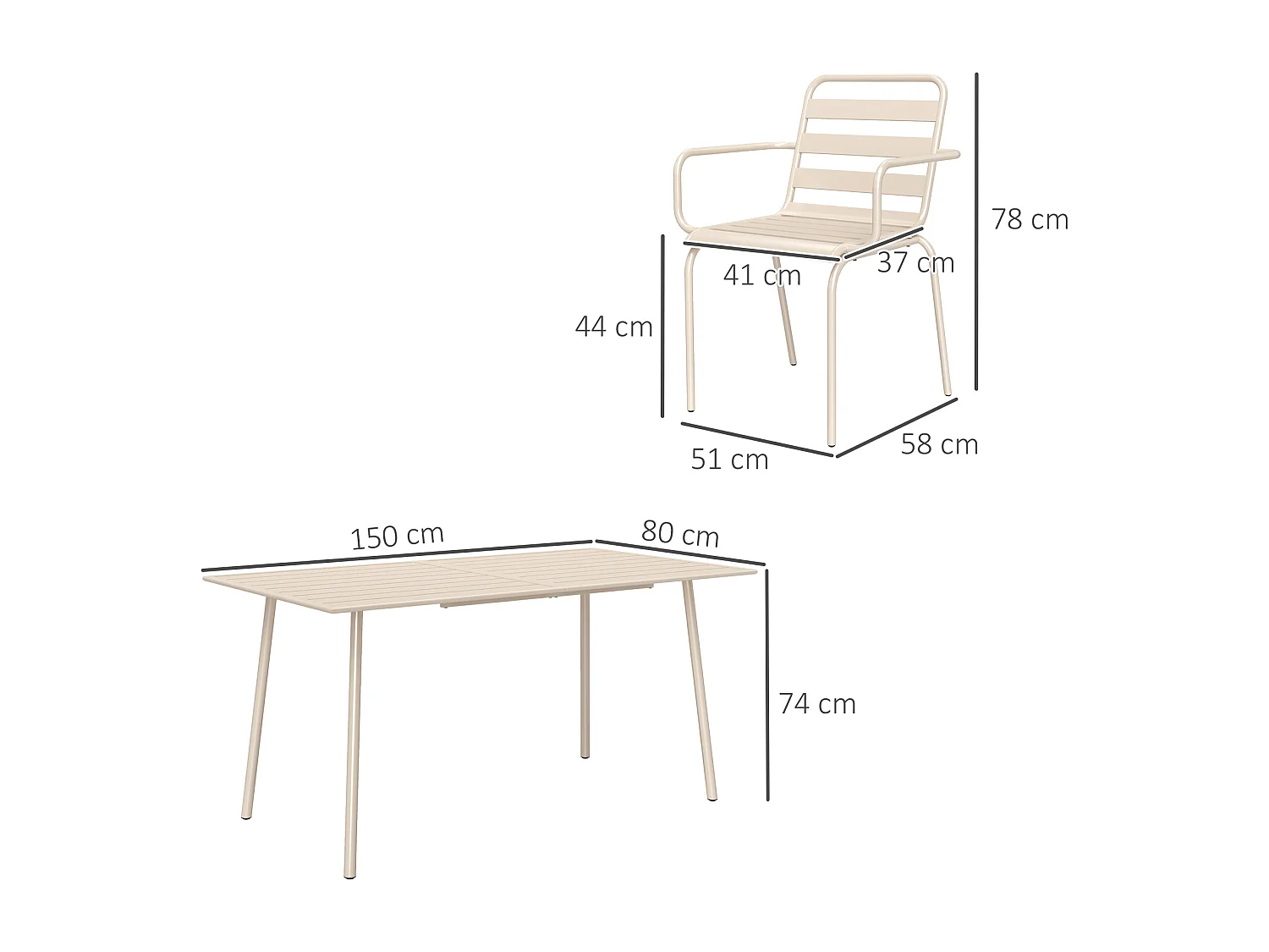 Salon de jardin 6 places 7 pièces - table à manger 6 chaises empilables - acier thermolaqué beige