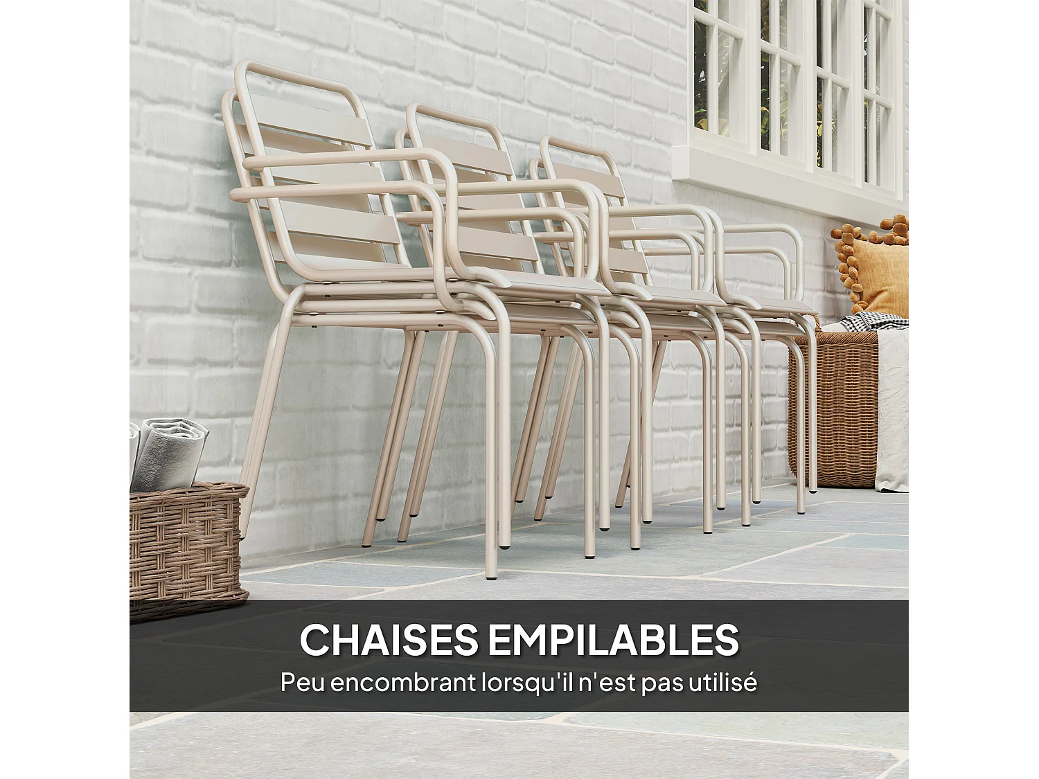 Salon de jardin 6 places 7 pièces - table à manger 6 chaises empilables - acier thermolaqué beige