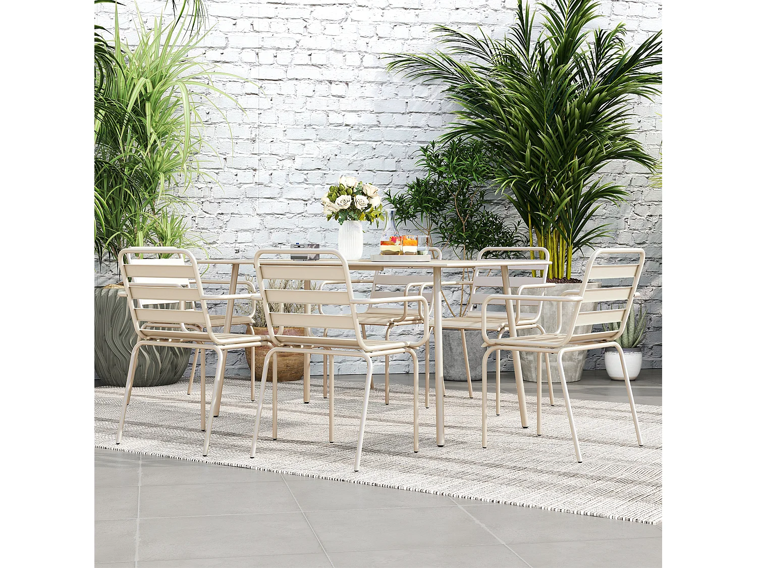 Salon de jardin 6 places 7 pièces - table à manger 6 chaises empilables - acier thermolaqué beige