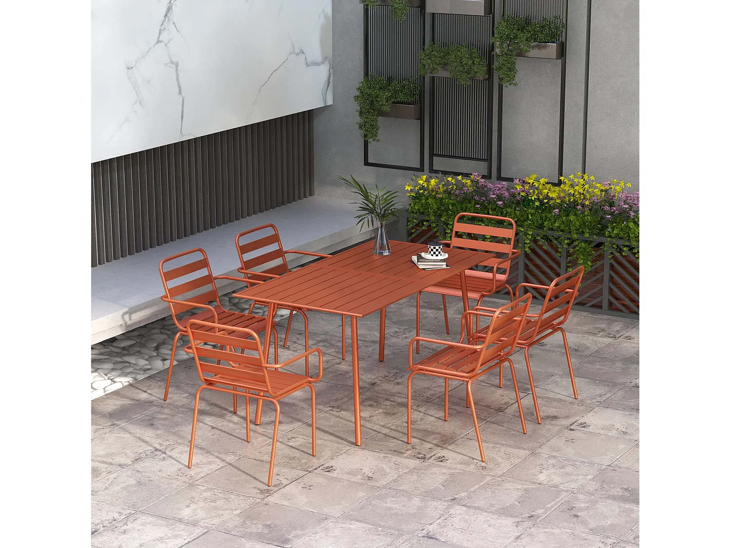 Salon de jardin 6 places 7 pièces - table à manger 6 chaises empilables - acier thermolaqué terre battue