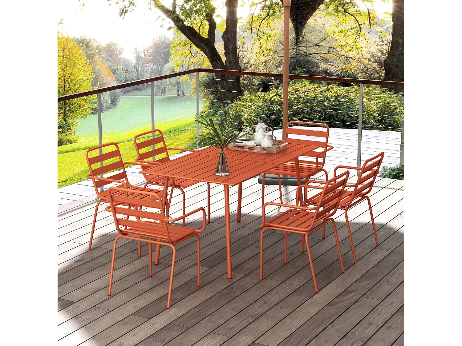 Salon de jardin 6 places 7 pièces - table à manger 6 chaises empilables - acier thermolaqué terre battue