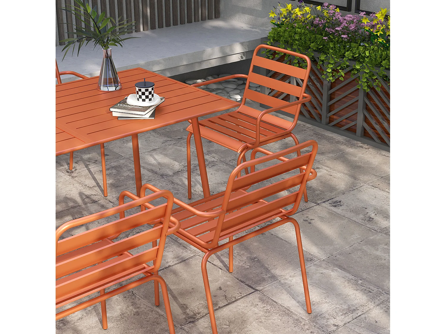 Salon de jardin 6 places 7 pièces - table à manger 6 chaises empilables - acier thermolaqué terre battue