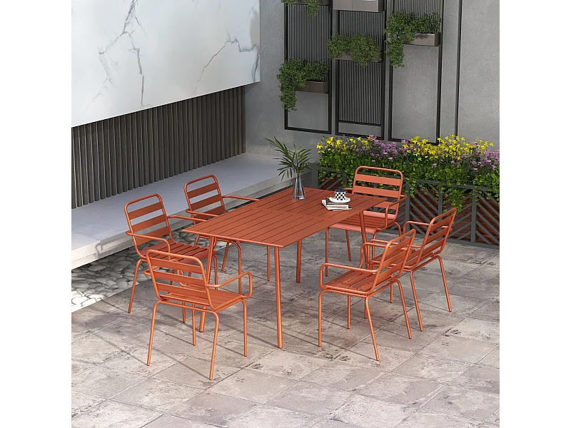 Salon de jardin 6 places 7 pièces - table à manger 6 chaises empilables - acier thermolaqué terre battue