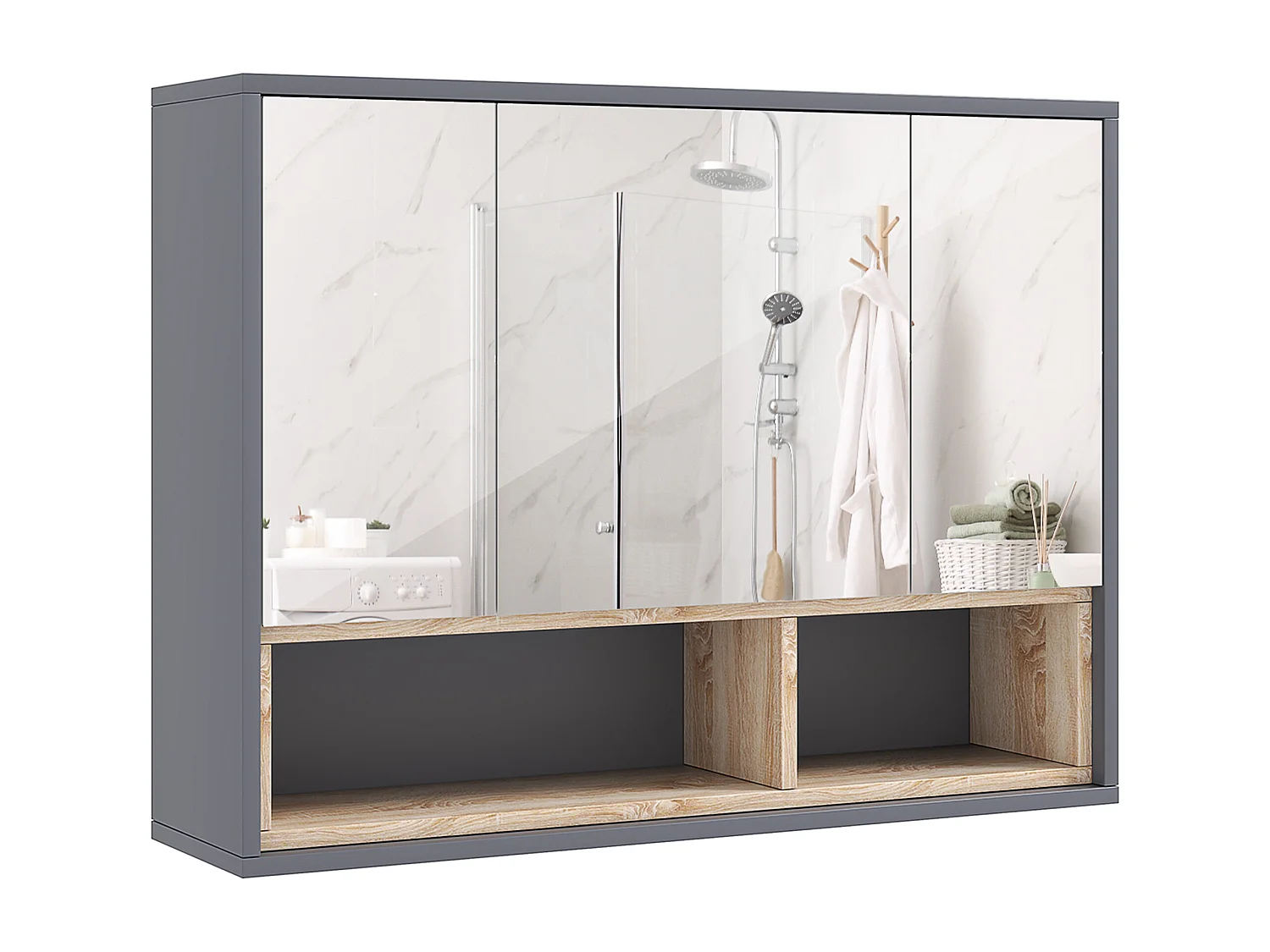 Armoire miroir de salle de bain - 3 portes, 3 étagères, 2 niches - dim. 80 x 20 x 60 cm - gris effet bois clair naturel