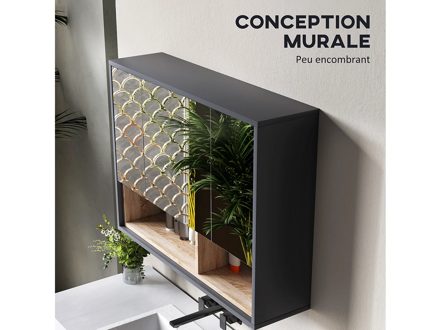 Armoire miroir de salle de bain - 3 portes, 3 étagères, 2 niches - dim. 80 x 20 x 60 cm - gris effet bois clair naturel