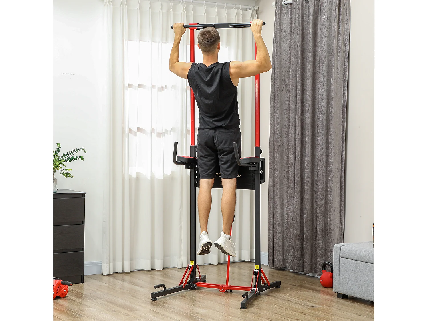 Station de traction musculation pliable réglable - station de dips - chaise romaine - acier rouge noir