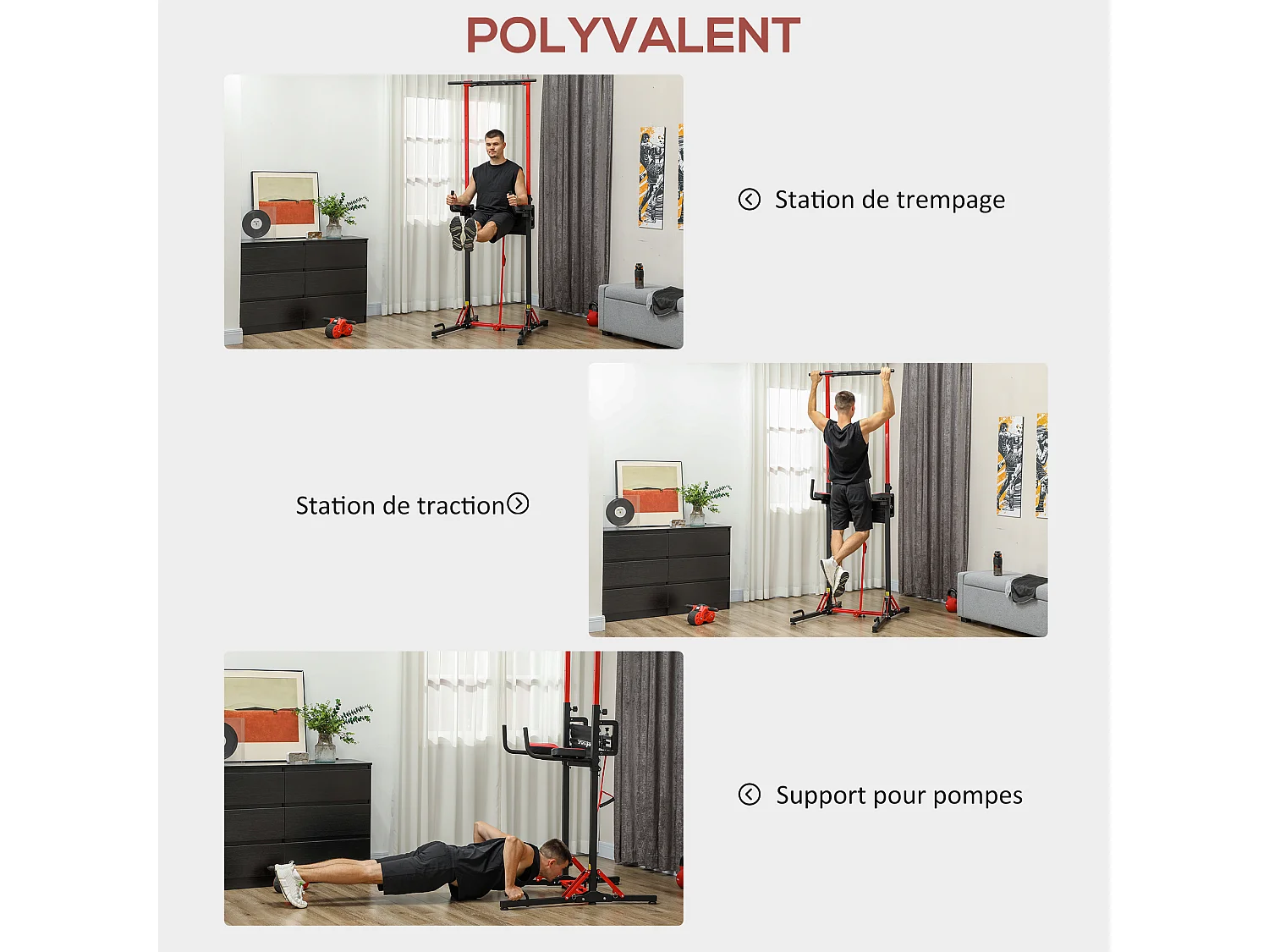 Station de traction musculation pliable réglable - station de dips - chaise romaine - acier rouge noir
