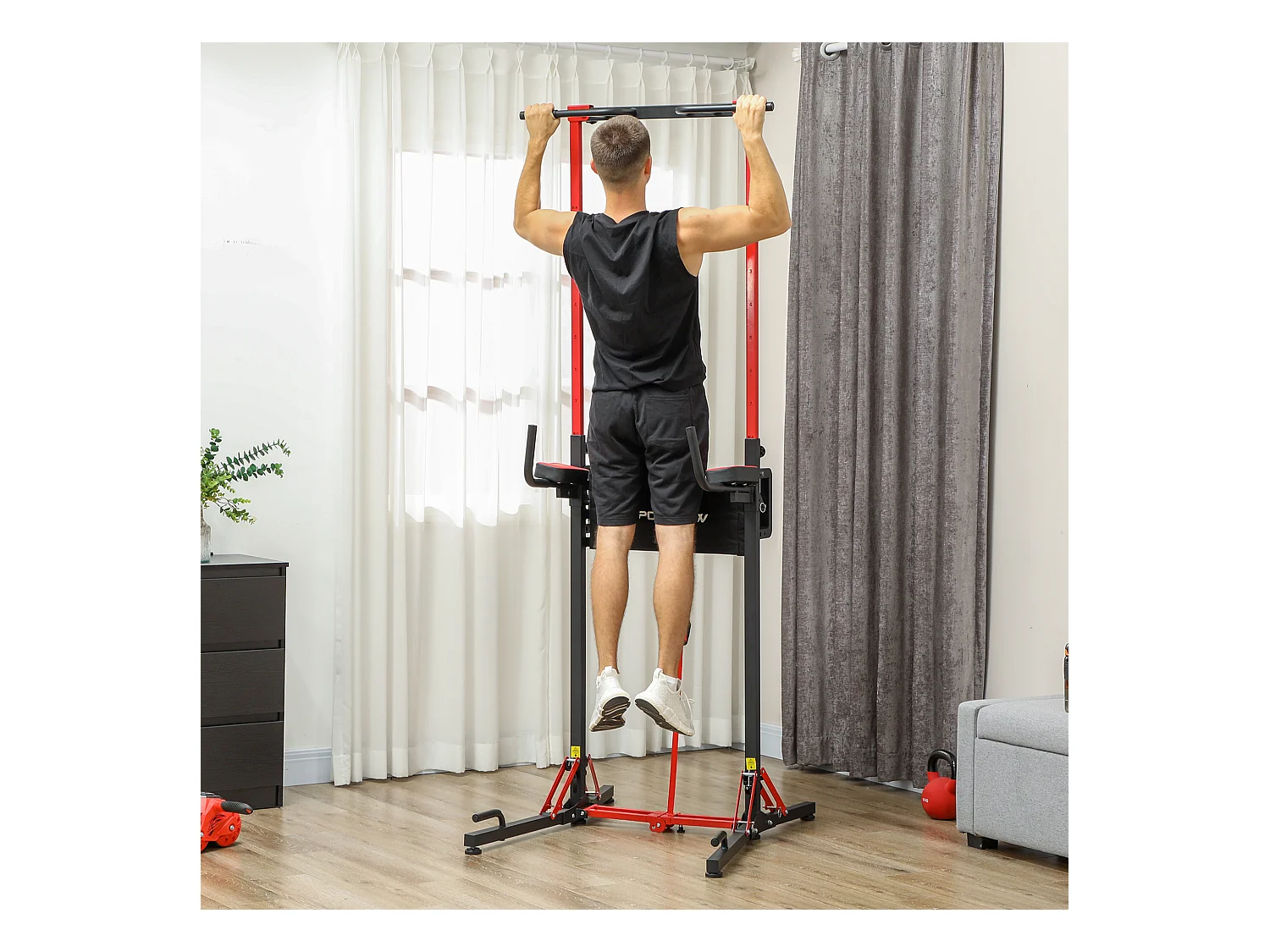 Station de traction musculation pliable réglable - station de dips - chaise romaine - acier rouge noir