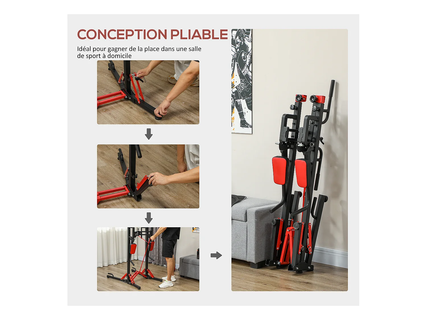 Station de traction musculation pliable réglable - station de dips - chaise romaine - acier rouge noir