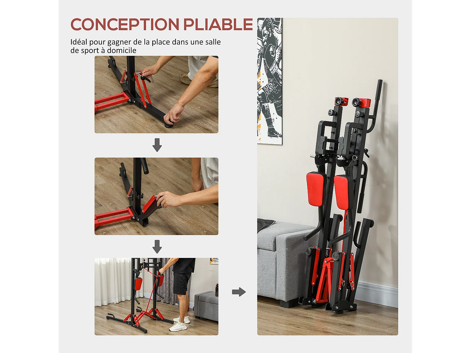 Station de traction musculation pliable réglable - station de dips - chaise romaine - acier rouge noir