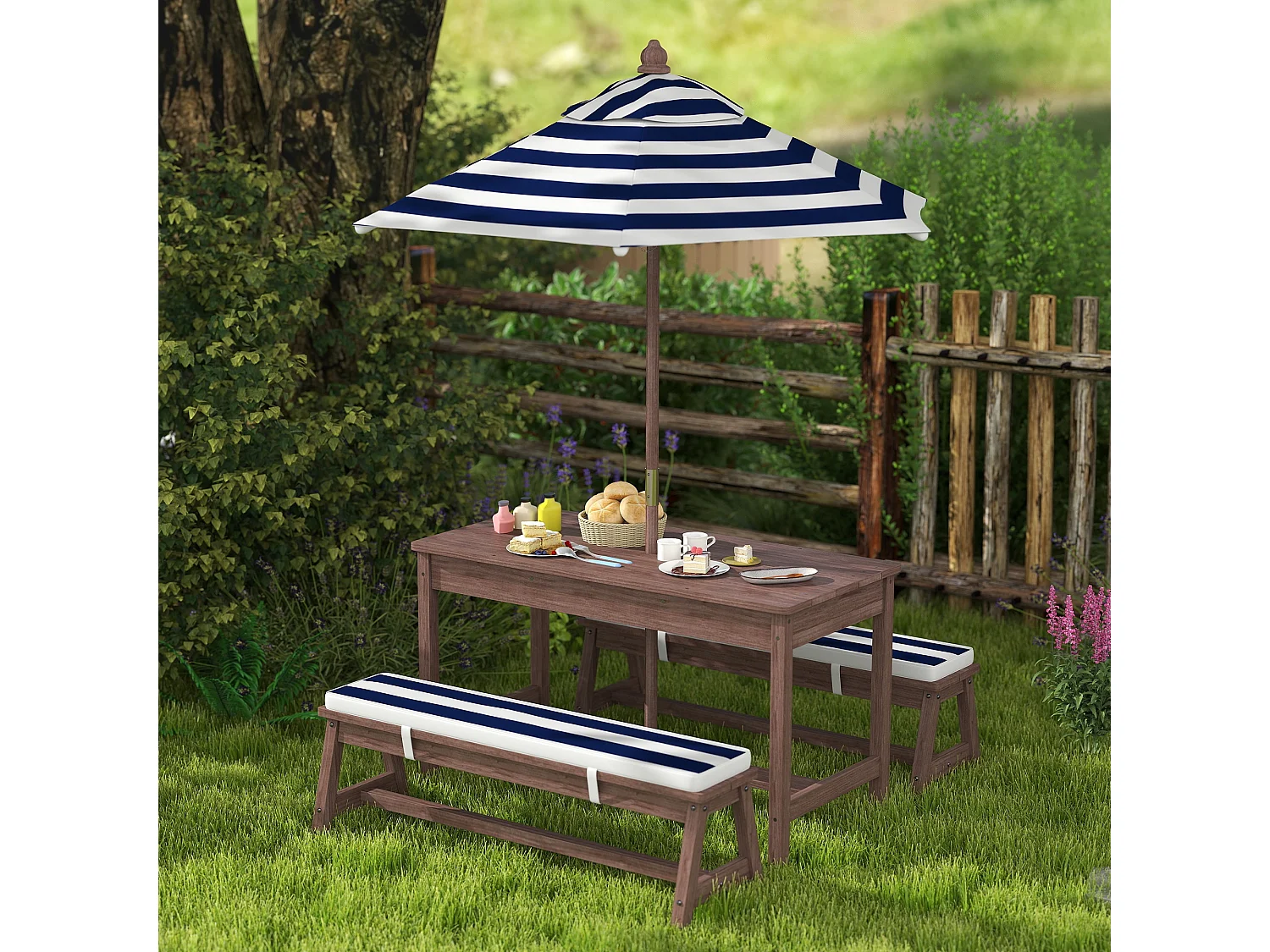 Table pique-nique enfant - ensemble salon de jardin enfant - 2 bancs, coussins et parasol - bois brun