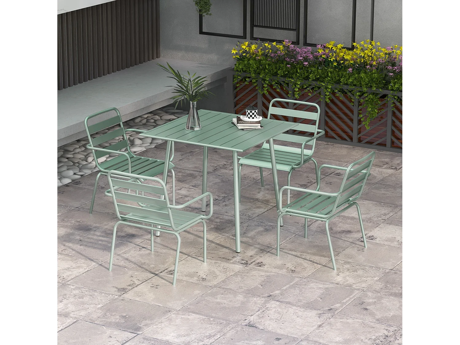 Salon de jardin 4 places 5 pièces - table à manger 4 chaises empilables - acier thermolaqué vert de gris