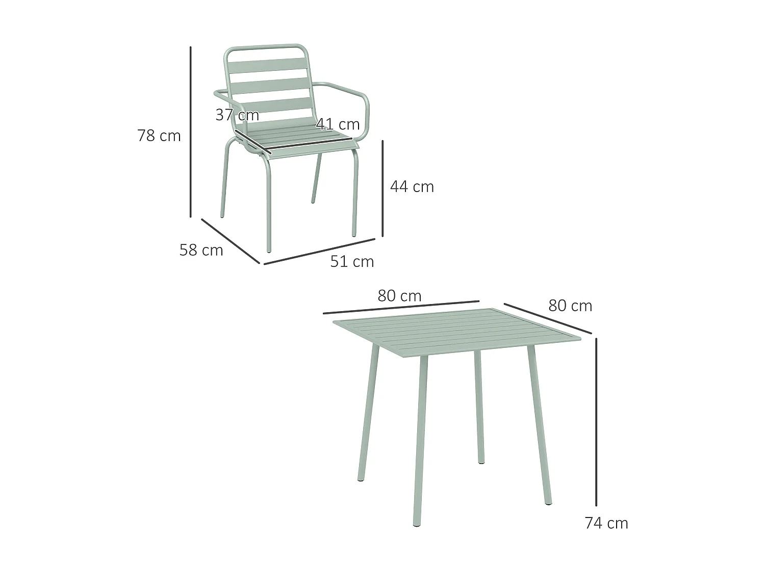 Salon de jardin 4 places 5 pièces - table à manger 4 chaises empilables - acier thermolaqué vert de gris