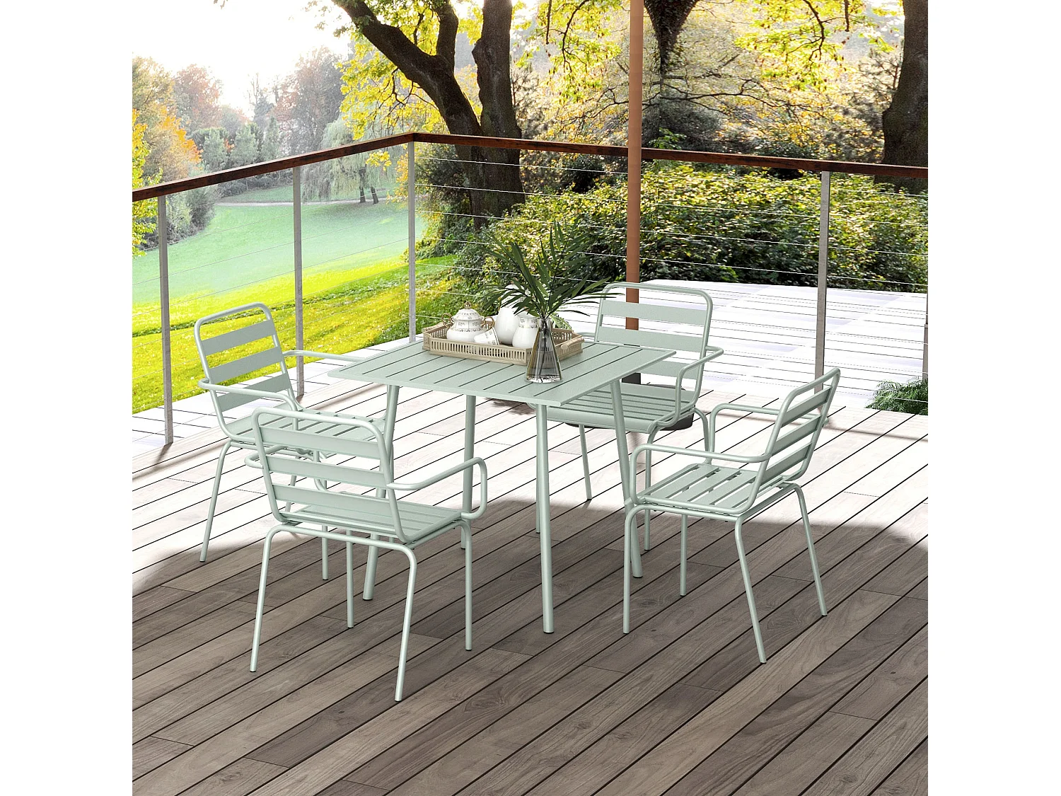 Salon de jardin 4 places 5 pièces - table à manger 4 chaises empilables - acier thermolaqué vert de gris