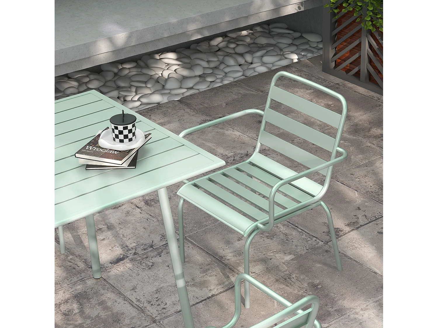 Salon de jardin 4 places 5 pièces - table à manger 4 chaises empilables - acier thermolaqué vert de gris