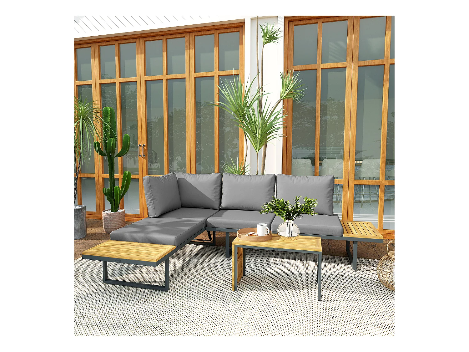Ensemble salon de jardin 4 places modulable réglable avec table basse acier gris bois d'acacia verni