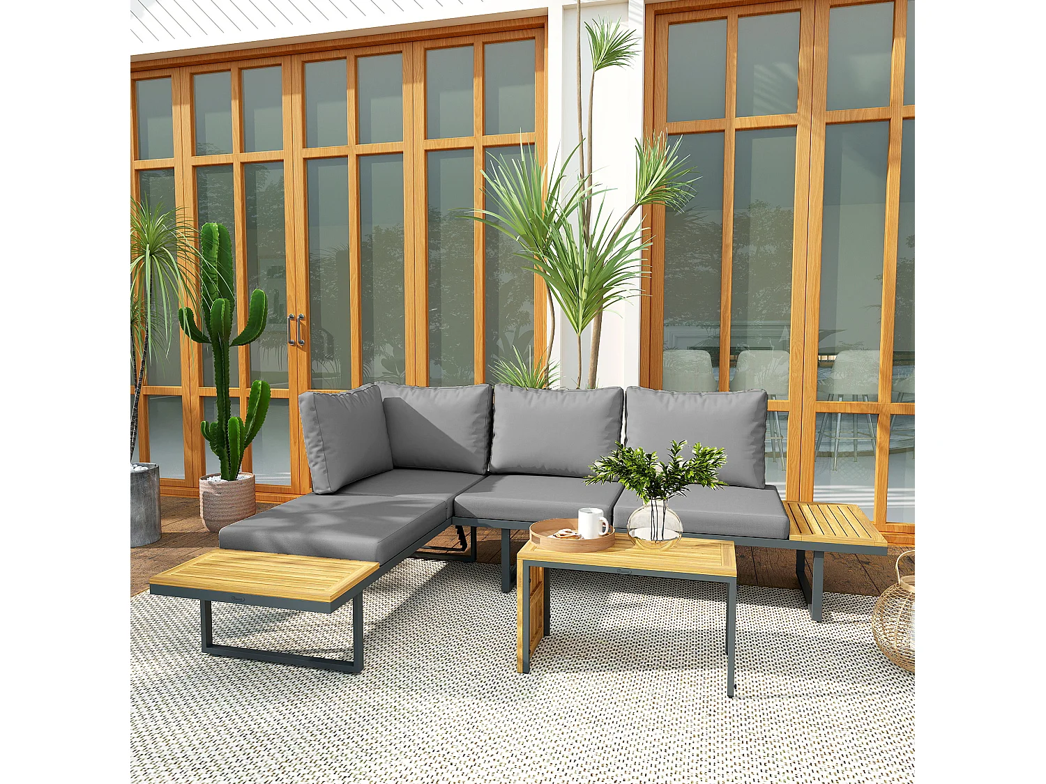 Ensemble salon de jardin 4 places modulable réglable avec table basse acier gris bois d'acacia verni