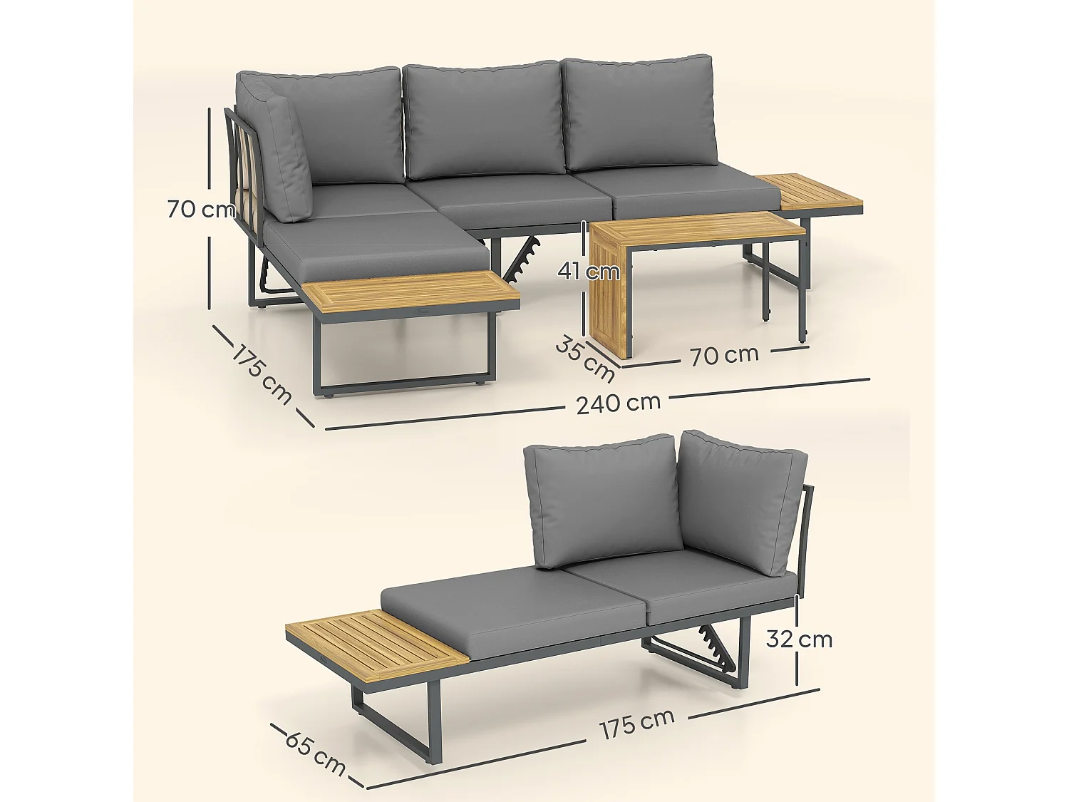 Ensemble salon de jardin 4 places modulable réglable avec table basse acier gris bois d'acacia verni
