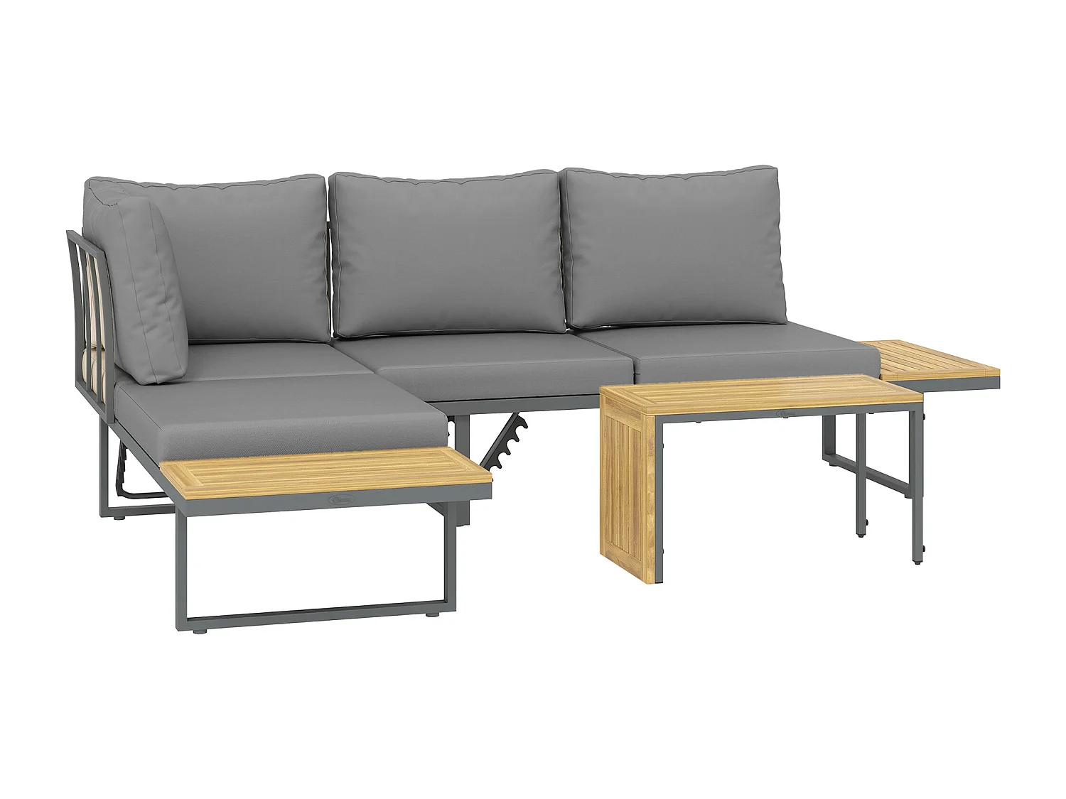 Ensemble salon de jardin 4 places modulable réglable avec table basse acier gris bois d'acacia verni