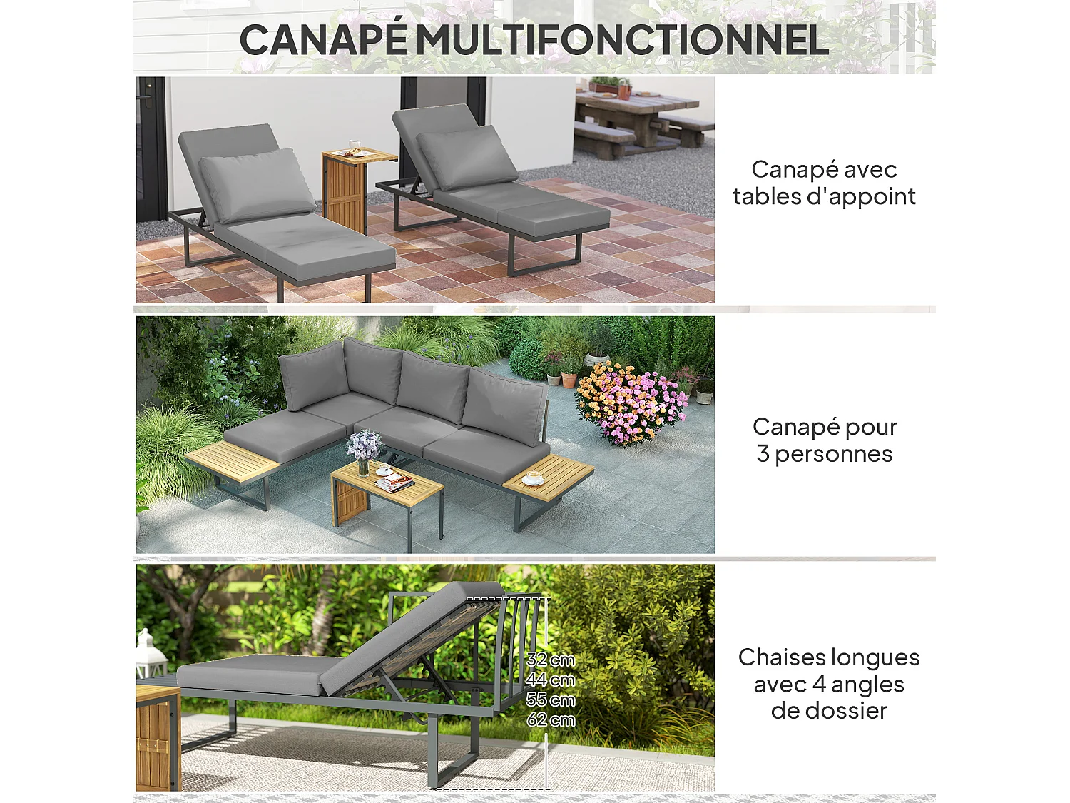 Ensemble salon de jardin 4 places modulable réglable avec table basse acier gris bois d'acacia verni