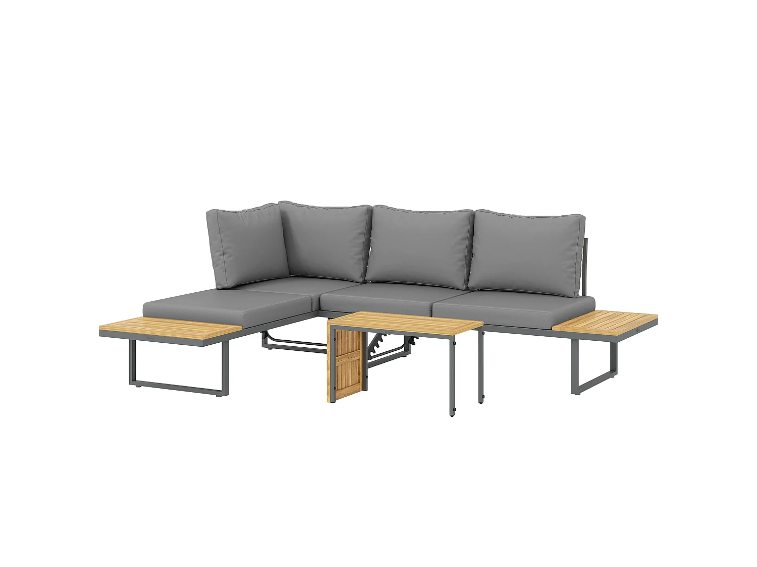 Ensemble salon de jardin 4 places modulable réglable avec table basse acier gris bois d'acacia verni
