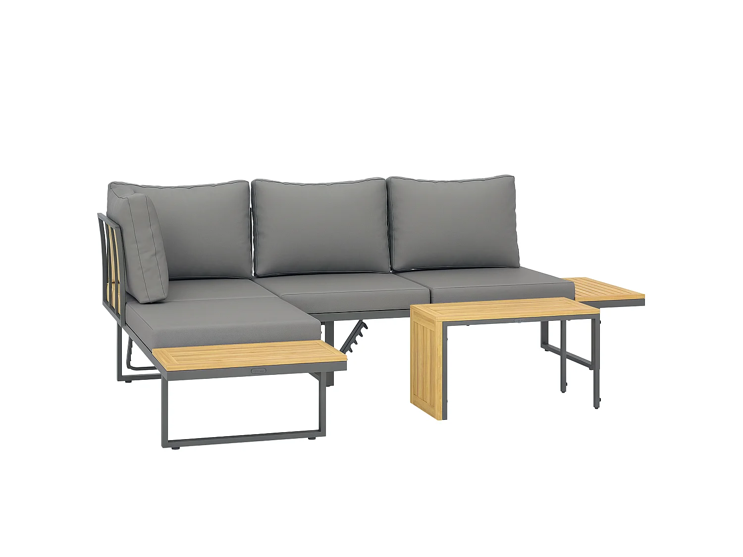 Ensemble salon de jardin 4 places modulable réglable avec table basse acier gris bois d'acacia verni
