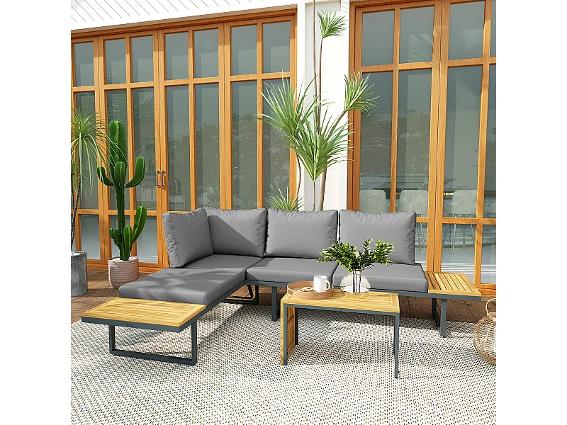 Ensemble salon de jardin 4 places modulable réglable avec table basse acier gris bois d'acacia verni