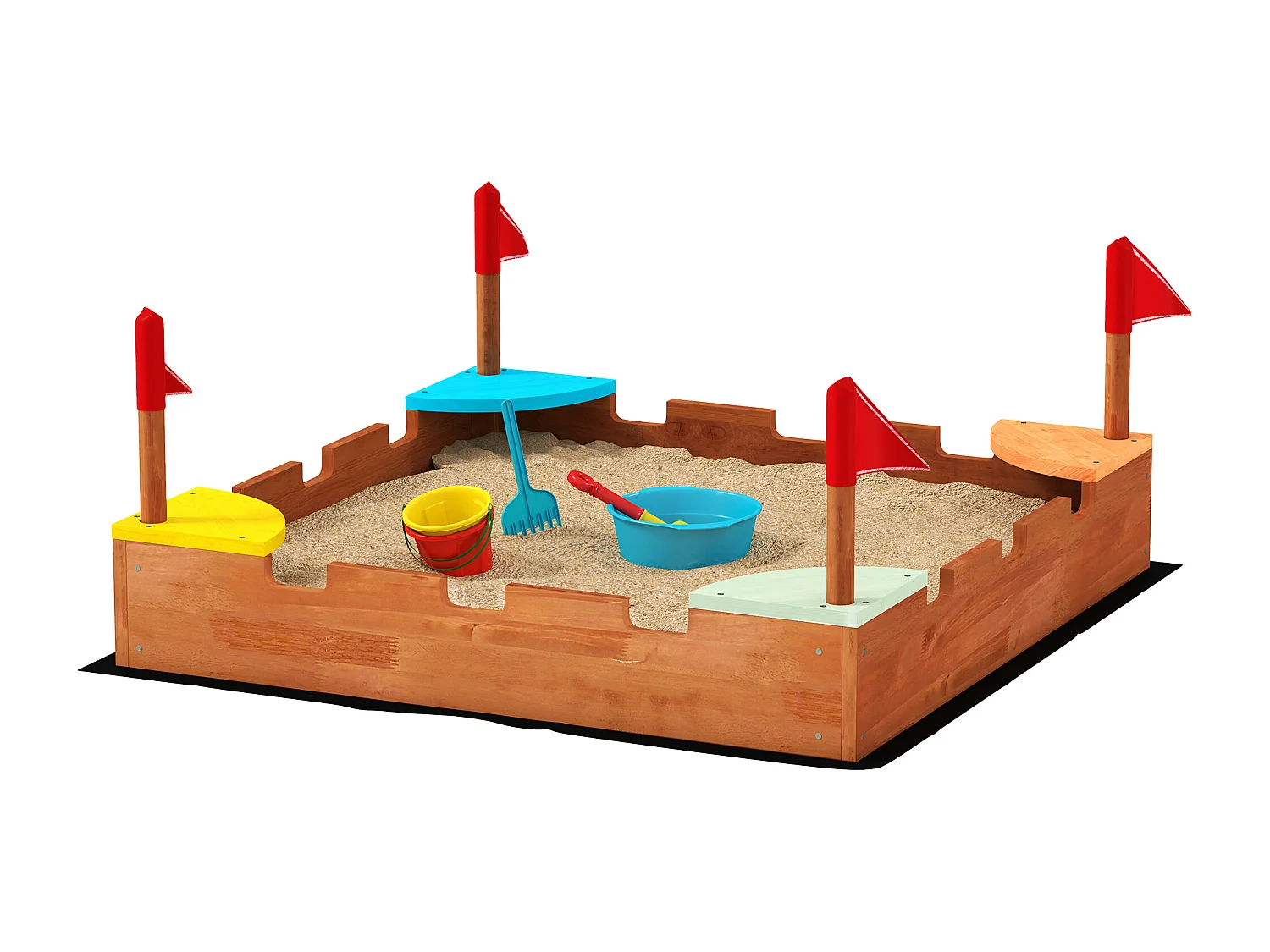 Bac à sable en bois design muraille - 4 drapeaux et sièges, doublure - dim. 90 x 90 x 17 cm - bois sapin pré-huilé