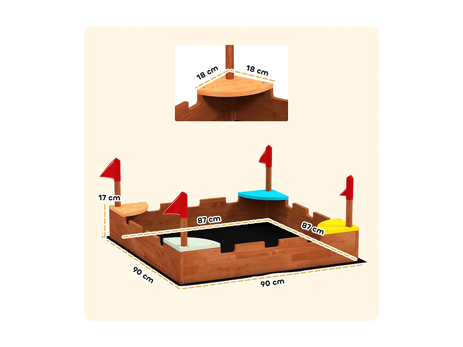 Bac à sable en bois design muraille - 4 drapeaux et sièges, doublure - dim. 90 x 90 x 17 cm - bois sapin pré-huilé