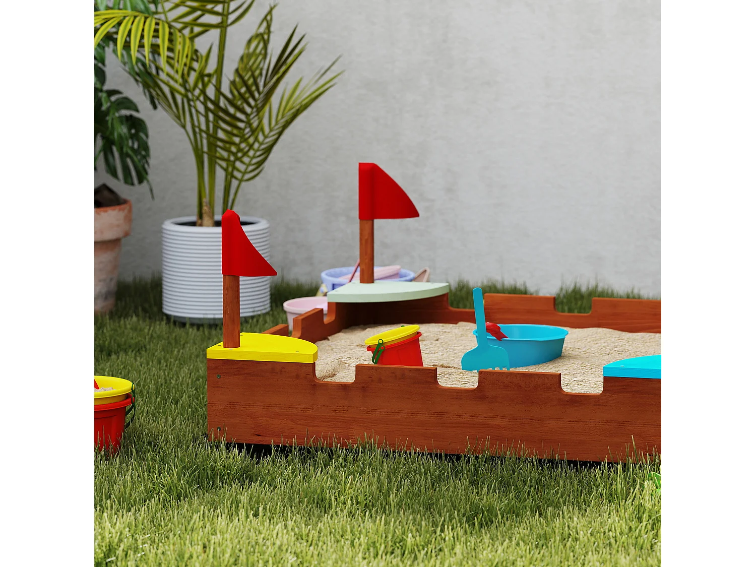 Bac à sable en bois design muraille - 4 drapeaux et sièges, doublure - dim. 90 x 90 x 17 cm - bois sapin pré-huilé