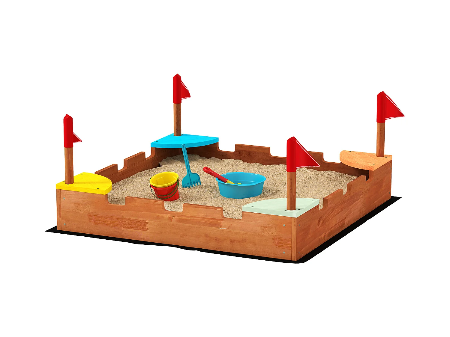 Bac à sable en bois design muraille - 4 drapeaux et sièges, doublure - dim. 90 x 90 x 17 cm - bois sapin pré-huilé