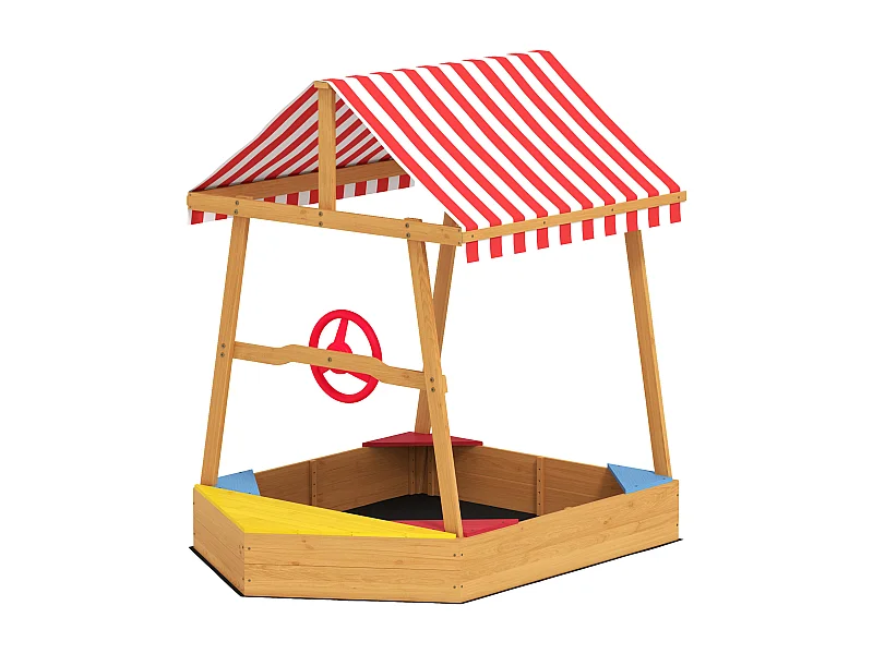 Bac à sable en bois design bateau enfant - sièges, store double pente, gouvernail - bois pré-huilé