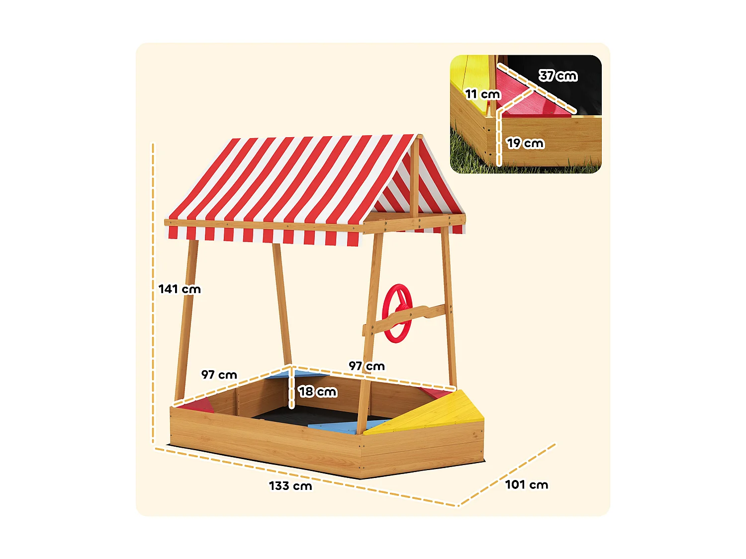 Bac à sable en bois design bateau enfant - sièges, store double pente, gouvernail - bois pré-huilé