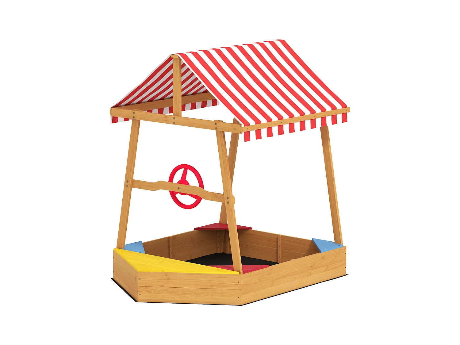 Bac à sable en bois design bateau enfant - sièges, store double pente, gouvernail - bois pré-huilé