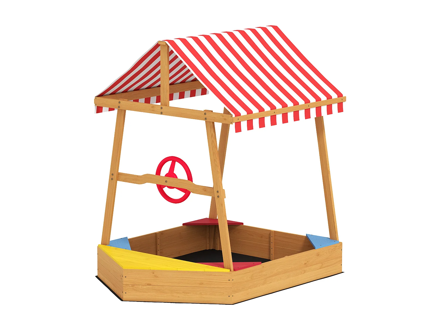Bac à sable en bois design bateau enfant - sièges, store double pente, gouvernail - bois pré-huilé
