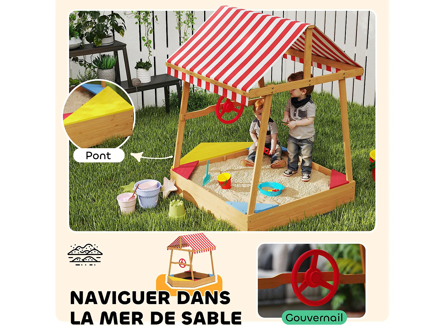 Bac à sable en bois design bateau enfant - sièges, store double pente, gouvernail - bois pré-huilé