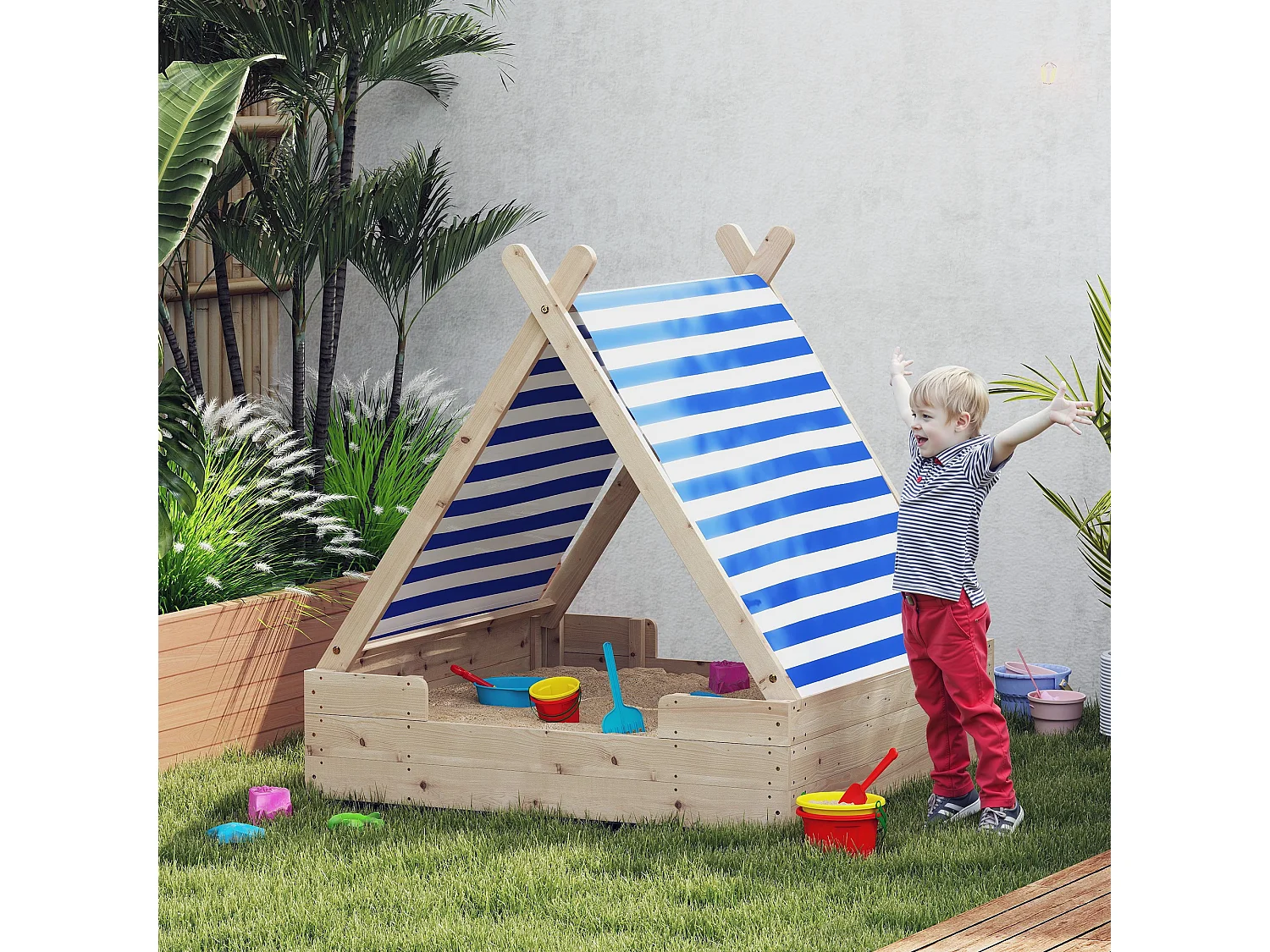 Bac à sable en bois avec toit refermable et doublure dim. 120 x 120 x 126,5 cm bois sapin