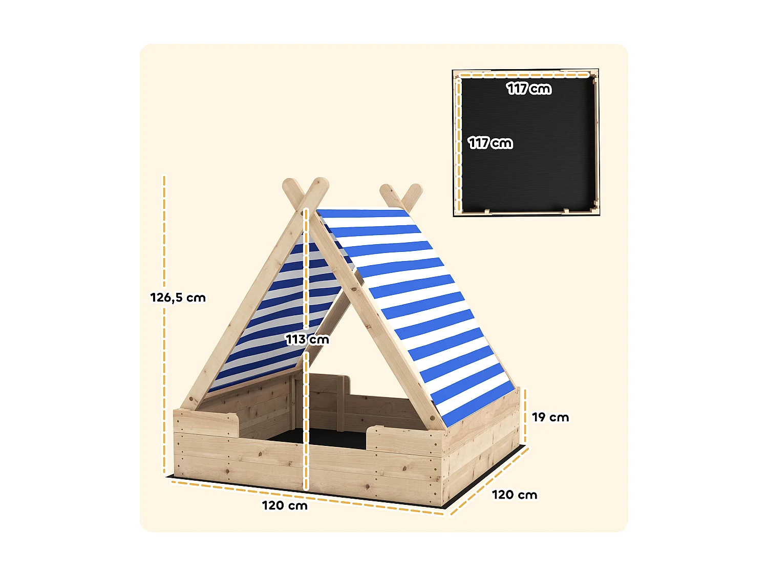 Bac à sable en bois avec toit refermable et doublure dim. 120 x 120 x 126,5 cm bois sapin