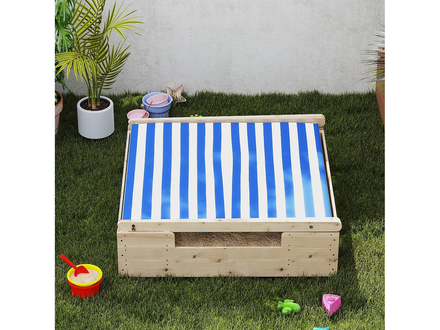 Bac à sable en bois avec toit refermable et doublure dim. 120 x 120 x 126,5 cm bois sapin