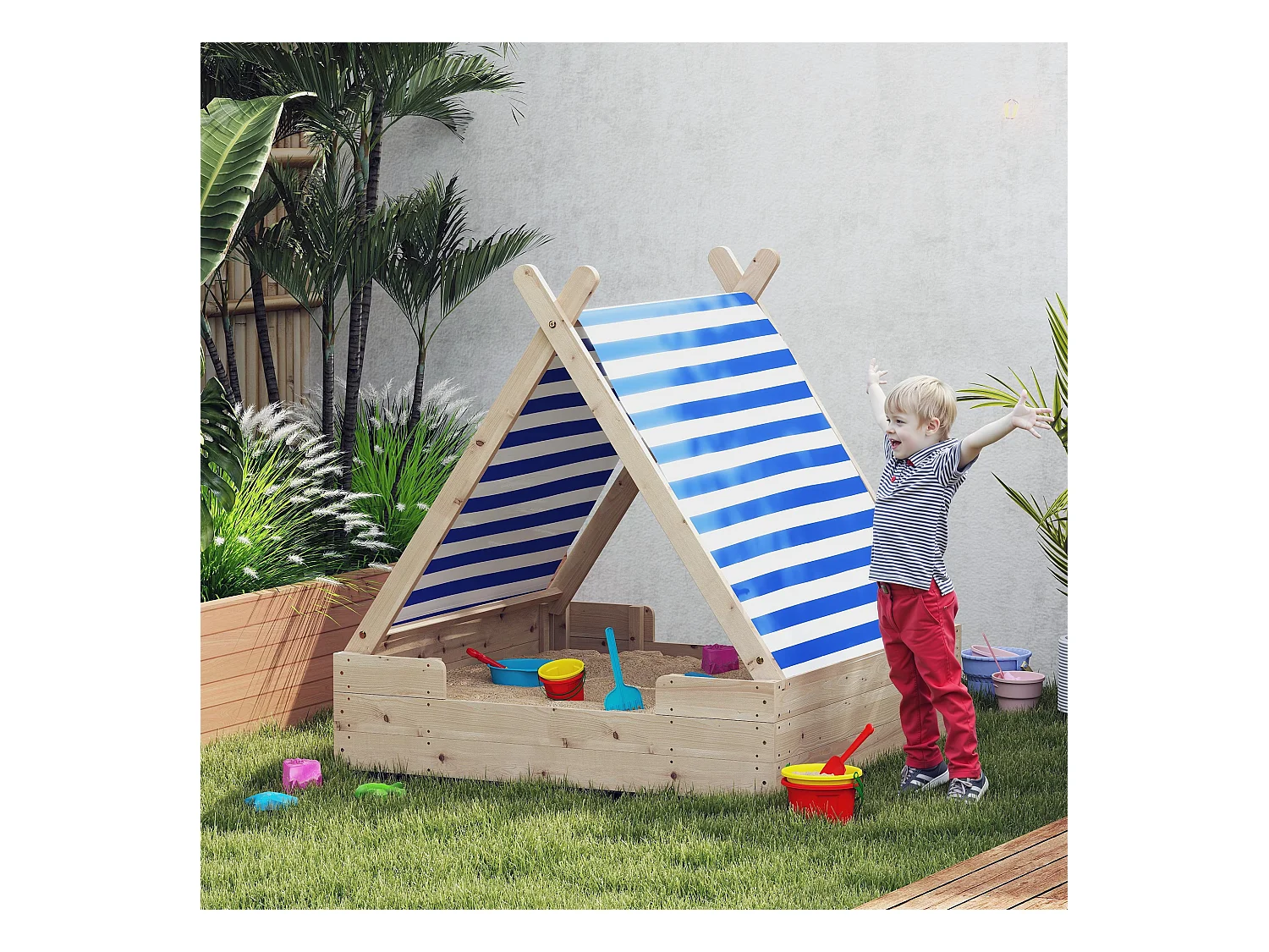 Bac à sable en bois avec toit refermable et doublure dim. 120 x 120 x 126,5 cm bois sapin