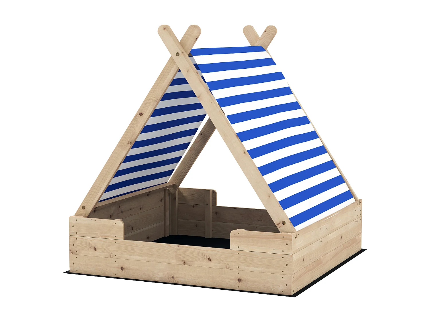 Bac à sable en bois avec toit refermable et doublure dim. 120 x 120 x 126,5 cm bois sapin