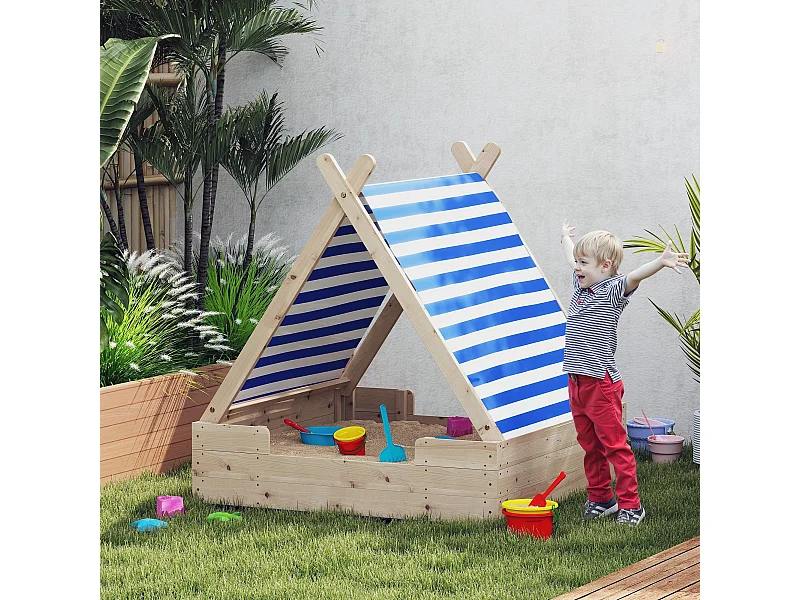 Bac à sable en bois avec toit refermable et doublure dim. 120 x 120 x 126,5 cm bois sapin