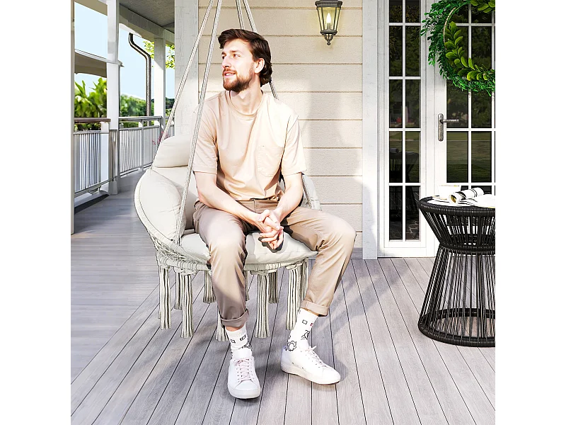 Chaise suspendue de jardin - grand coussin inclus - macramé coton polyester blanc cassé