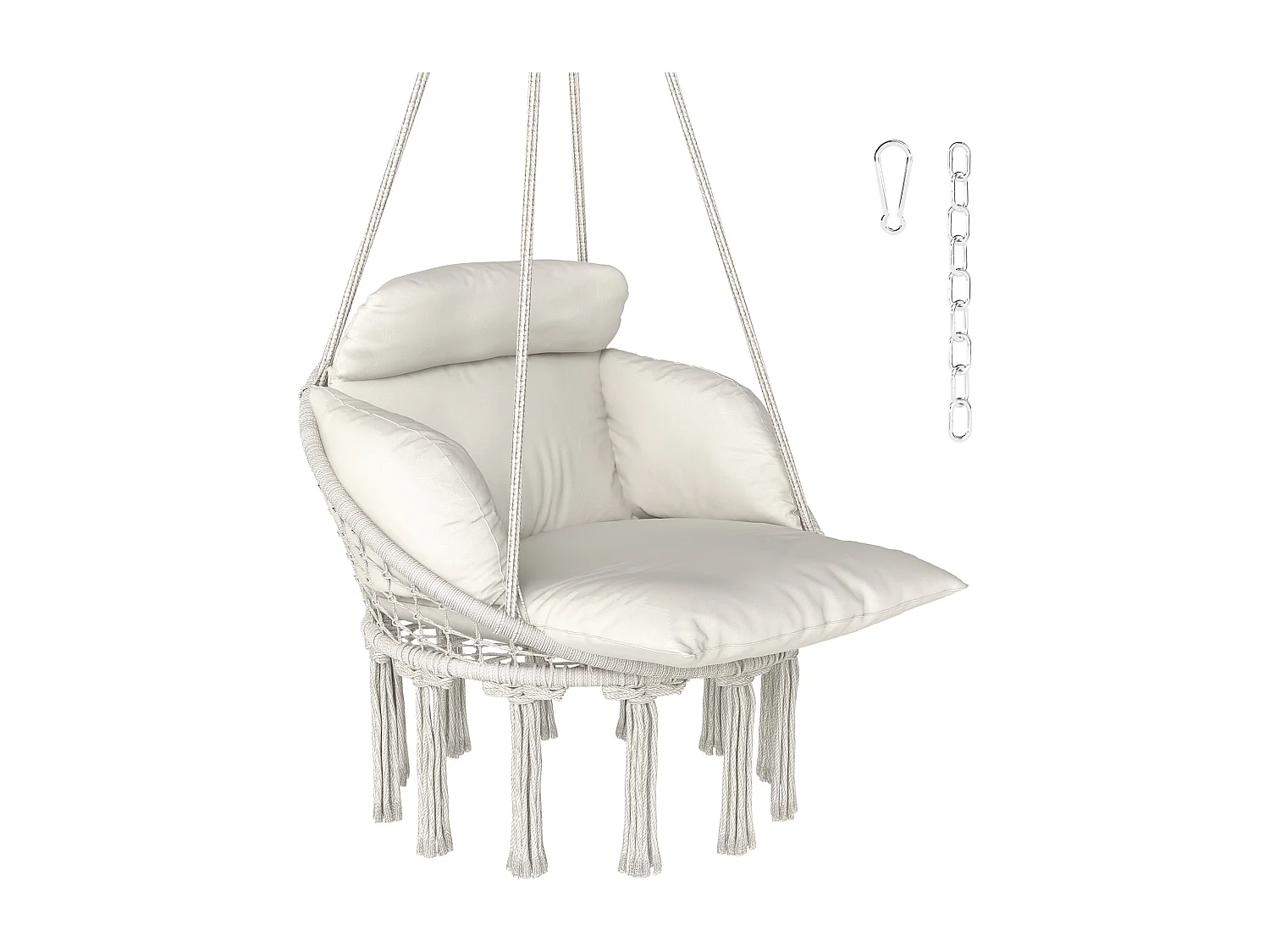 Chaise suspendue de jardin - grand coussin inclus - macramé coton polyester blanc cassé