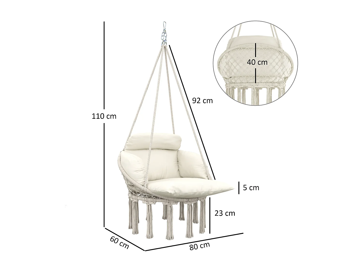 Chaise suspendue de jardin - grand coussin inclus - macramé coton polyester blanc cassé
